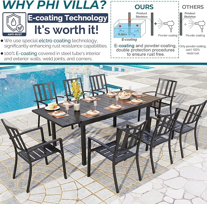 PHI VILLA 9 Piece Patio Dining Table Set, Expandable Rectangular Metal Dining Table & 8 Steel Chairs for Outdoor, Deck, Yard