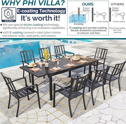 PHI VILLA 9 Piece Patio Dining Table Set, Expandable Rectangular Metal Dining Table & 8 Steel Chairs for Outdoor, Deck, Yard