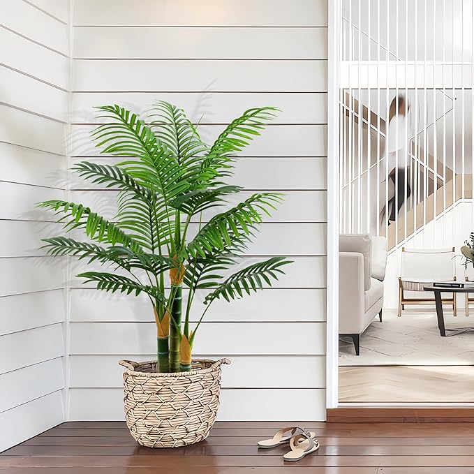 4ft Tall Golden Cane Artificial Tree Palm Outdoor, Large Artificial Plants Outdoor Faux Palm Tree with 3 Textured Trunks, Fake Tree for Indoor Outdoor Office Living Room Outside Patio