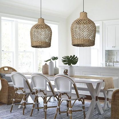 Arturesthome Rattan Pendant Light Woven Chandelier Handwoven Boho Coastal Pendant Lighting Rattan Basket Ceiling Hanging Light for Dining Room Living Room D 11.8″* 15.7″