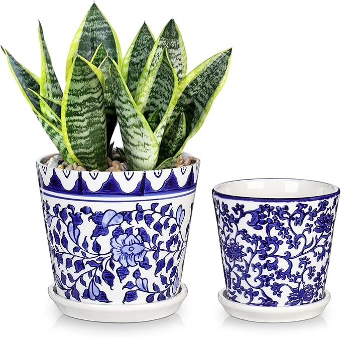 Hollyone 2PCS Blue and White Vase Flower Pot Porcelain Pots Vases Chinoiserie Vase Classic Ceramic Chinese Floral Pot Vases for Bedroom Living Room Console Table Accent Shelf Tabletop Home Decor