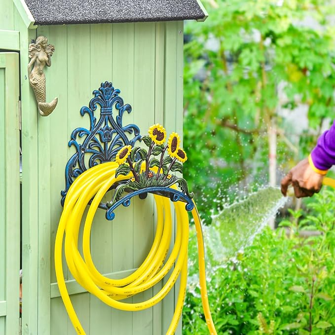 Sungmor Cast Iron Heavy Duty Garden Hose Holder - Decorative Hand-Painted Sunflower Wall Mounted Water Hose Hanger - Wall Decoration Hanging Hose Rack - Hose Reel Storage Butler - Metal Hose Stand