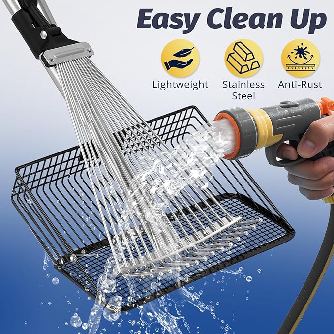 2pc Chicken Poop Scooper & Chicken Coop Rake, Lassume Adjustable 3-Length Cleaning Tools, Heavy Duty Chicken Coop Scooper & Manure Rake for Sand, Leaves, Animal Wastes (62"L Sifting Shovel,15"W Rake)