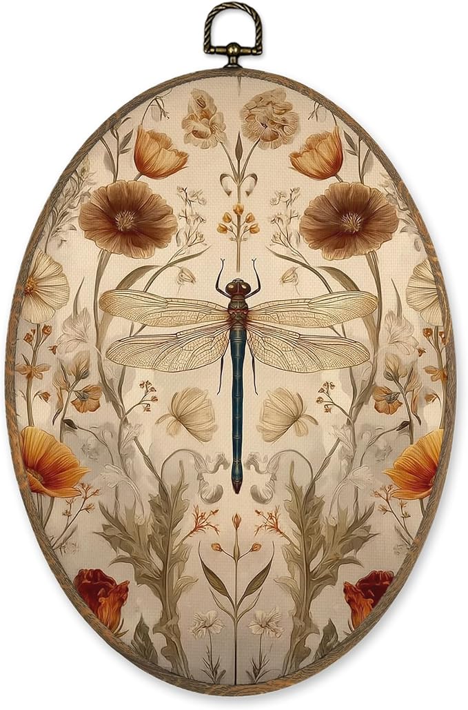 LKETW Vintage Floral Dragonfly Oval Wall Art Decor, Cottagecore Flower Dragonfly Oval Canvas Hanging Decor, William Morris Floral Aesthetic Wall Decorations for Home Bedroom Office, 8.6x11.4 Inch
