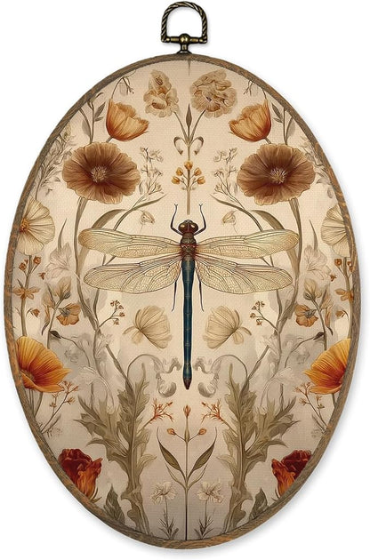 LKETW Vintage Floral Dragonfly Oval Wall Art Decor, Cottagecore Flower Dragonfly Oval Canvas Hanging Decor, William Morris Floral Aesthetic Wall Decorations for Home Bedroom Office, 8.6x11.4 Inch
