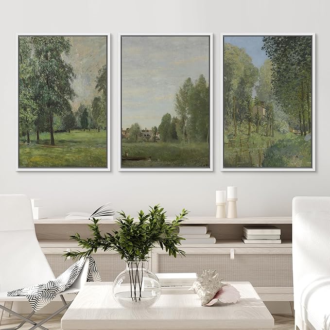 Ashbrook Framed Canvas Print Wall Art Set Fine Art Watercolor Emerald Green Forest Landscape Nature Wilderness Illustrations Floral Botanical Minimal Calm/Relax for Bedroom - 24"x36"x3 White