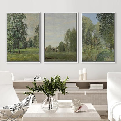Ashbrook Framed Canvas Print Wall Art Set Fine Art Watercolor Emerald Green Forest Landscape Nature Wilderness Illustrations Floral Botanical Minimal Calm/Relax for Bedroom - 24"x36"x3 White