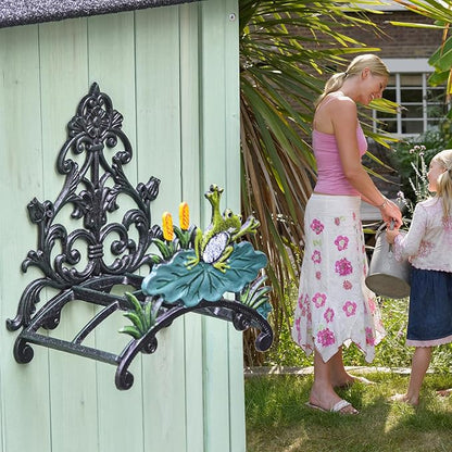 Sungmor Cast Iron Heavy Duty Garden Hose Holder - Decorative Hand-Painted Frog Wall Mounted Water Hose Hanger - Wall Decoration Hanging Hose Rack - Hose Reel Storage Butler - Metal Hose Stand