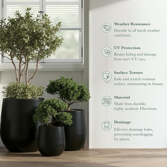 DTY Signature Mount Wilson Modern Indoor Outdoor Fiberstone Tapered Planter, Lightweight, Weather Resistant Garden Pot with Drainage Hole & Rubber Plug, Planter for Christmas Decor - Black, Small