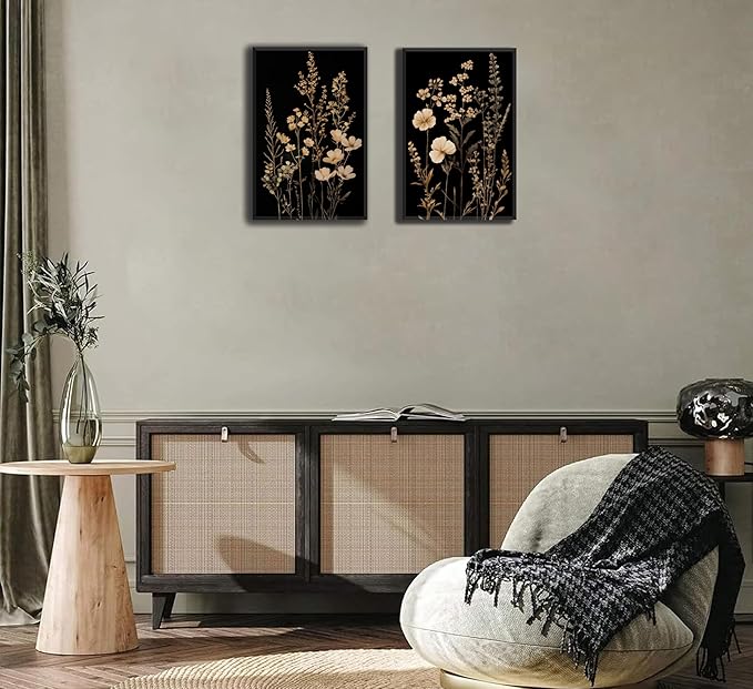2Psc Dark Botanical Wall Art Vintage Black Flower Painting Picture Wall Decor Moody Flower Poster Print Artwork for Living Room Bedroom or Office Home Decoration 12x16 Inch