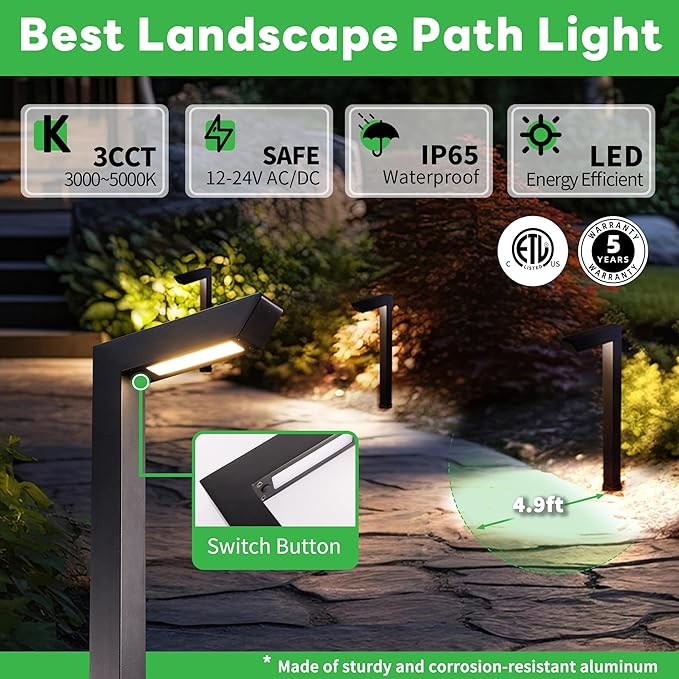 LED Pathway Lights Wired, 12V Landscape Path Lights 3000K/4000K/5000K Adjustable, Low Voltage Outdoor Waterproof, 5W 235LM Black Aluminum for Lawn Garden 8 Pack