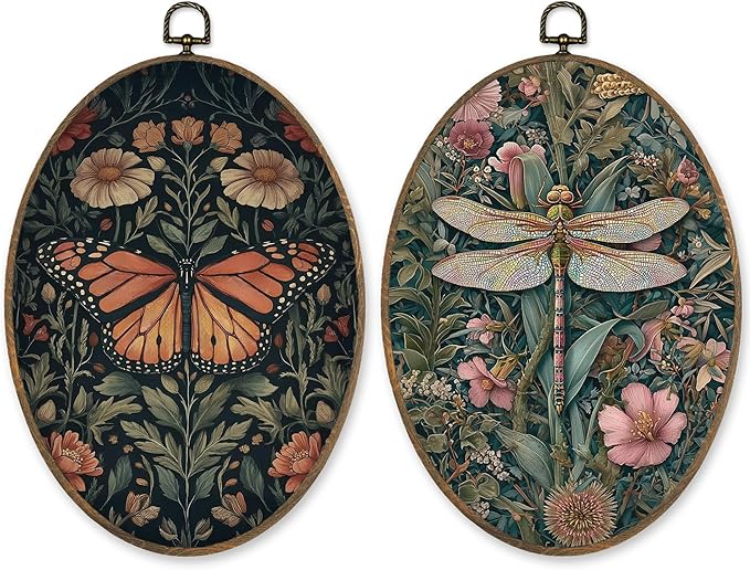 LKETW Vintage Floral Butterfly Dragonfly Oval Wall Art Decor, Dark Cottagecore Oval Canvas Hanging Decor, Rustic Wildflower Insect Wall Decorations for Home Living Room Bedroom, 8.6x11.4 Inch Set of 2