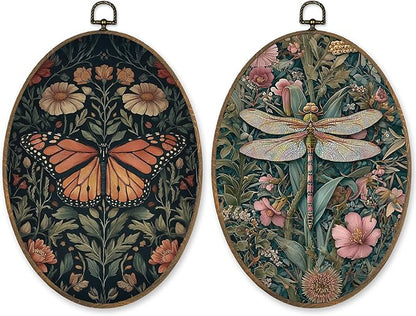 LKETW Vintage Floral Butterfly Dragonfly Oval Wall Art Decor, Dark Cottagecore Oval Canvas Hanging Decor, Rustic Wildflower Insect Wall Decorations for Home Living Room Bedroom, 8.6x11.4 Inch Set of 2
