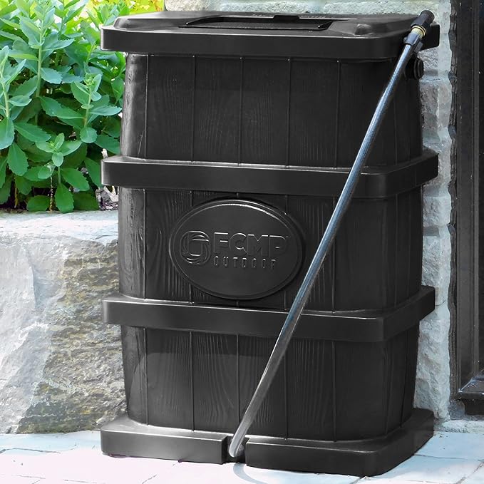 FCMP Outdoor Slim Line Design 45-Gallon Wood Grain Outdoor Home Rain Water Catcher Barrel Flat Back Container with Spigots and Mesh Screen, Black