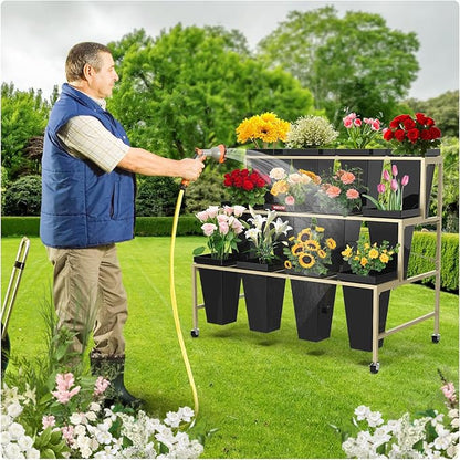 Flower Display Stand 3 Layers with Buckets, 12 PCS Buckets Plant Stand with Wheels, Movable Metal Plant Stand for Terrace Garden, Living Room, Florist Shop