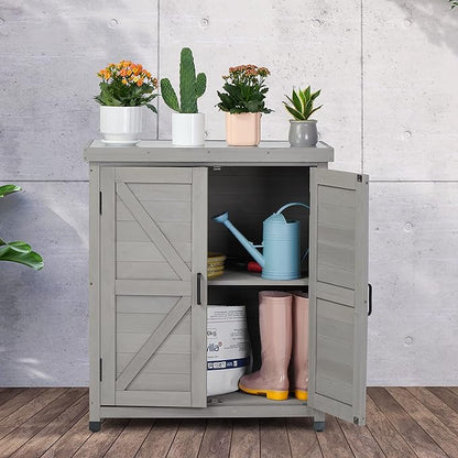 Potting Bench with Storage Cabinet and Metal Table Top for Outdoor Patio, Garden Furniture Wood Workstation