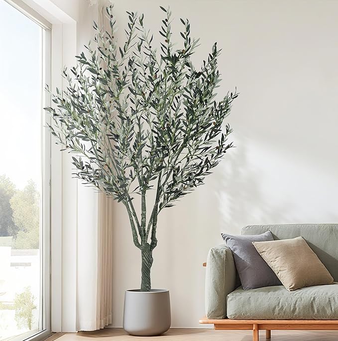 Artificial Olive Tree 8.3FT with 2304 Gray Leaves Realistic Tall Large Faux Silk Deluxe Plant 100 Inch Black Pot for Indoor Home Office Porch Mall School Hotel Modern Decor Housewarming Gift