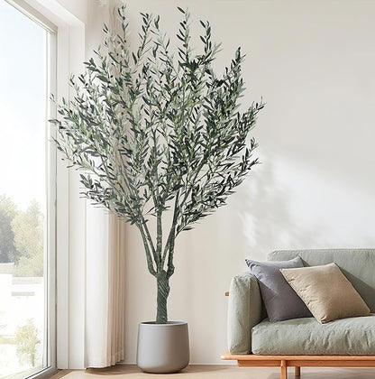 Artificial Olive Tree 8.3FT with 2304 Gray Leaves Realistic Tall Large Faux Silk Deluxe Plant 100 Inch Black Pot for Indoor Home Office Porch Mall School Hotel Modern Decor Housewarming Gift