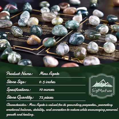 Polished Moss Agate Crystals - 72 Pcs, 0.5" 10 oz Handpicked Natural Tumbled Gemstones Rocks, Pebbles for Reiki, Chakra, Healing Home Decor