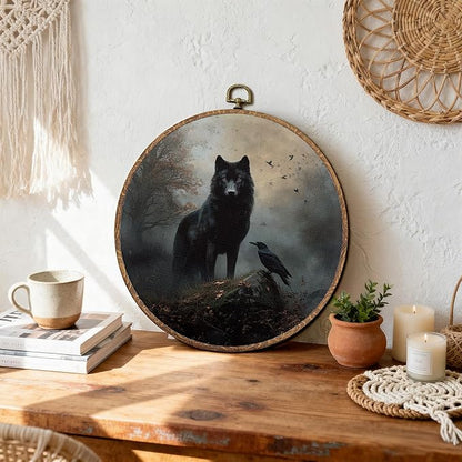 DEQSX Vintage Wolf Raven Round Wall Art, Rustic Moody Dark Academia Cottagecore Landscape Forest Wild Animal Bird Wall Decor Canvas Prints Posters for Home Bedroom Living, 10x10 Inches