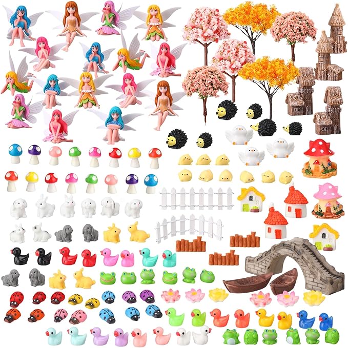 150 Pcs Fairy Garden Accessories Miniatures Figures Kit Micro Landscape Resin Mushroom Animals Fake Pond Lawn Bridge Garden Decoration