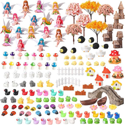 150 Pcs Fairy Garden Accessories Miniatures Figures Kit Micro Landscape Resin Mushroom Animals Fake Pond Lawn Bridge Garden Decoration