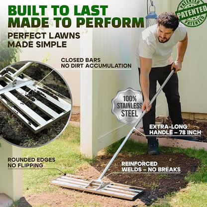 Oris Garden® Lawn Leveling Rake 36 inch - Ground Leveler for yard, sand, soil, grass - Dirt leveling tool, heavy duty stainless steel rakes for golf, grading, gravel, pool seeding, levelling (36 inch)