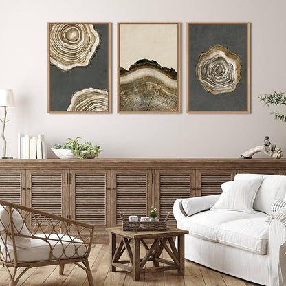 Ausril Tree Ring Framed Canvas Wall Art Set of 3- Brown and Gray Abstract Wood Tree Ring Print, 16"×24" Modern Wall Decor for Living Room, Bedroom, Office - Vintage Minimalist Gray Wood Painting