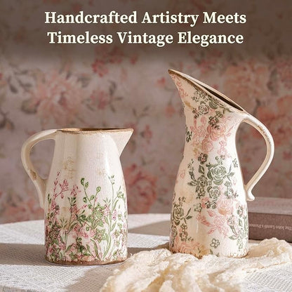 Vintage Pink and Green Floral Pitcher Vase with Handle, Ceramic Farmhouse Flower Vase French Country Decor, Rustic Table Centerpiece, Grand Millennial Tuscan Home Decor for Living Room, Bookshelf