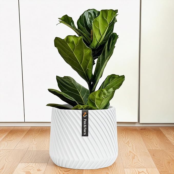 Fox & Fern Large 12 Inch Planter with Drainage Plug — Premium Polystone White Plant Pot; Modern Planter with 3D Texture and Ceramic Finish; 12 Inch Pots for Plants Indoor & Outdoor