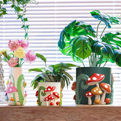 GUGUGO 8 Inch Colorful Mushrooms Planters Cute Unique Rainbow Planter with Drainage, Vintage Retro Flower Plant pots for Indoor Plants, Boho Modern Home Décor (8 Inch, B)