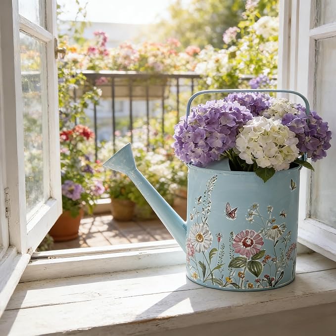 Metal Watering Can Flower Pot with Handle Rustic Farmhouse Water Can for Indoor Outdoor Garden Plants Watering (Blue#2)