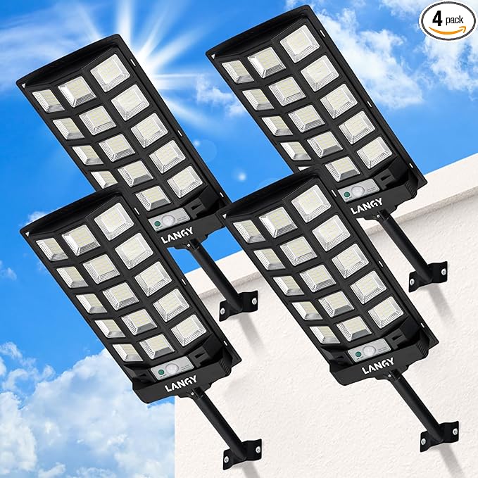LANGY Solar Street Lights Outdoor 4 Pack, 6500K Solar Lights Outdoor Dusk to Dawn with Motion Sensor & Remote Control, IP66 Waterproof LED Flood Security Lights for Outside Garden Yard Parking Lot