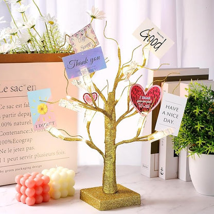 Mudder Money Holder Tree Present Card Holder with 12 Clear Clips LED Birch Twig Lights Tabletop Display Tree for Christmas, Valentines, Memo, Photo, Wedding(Vivid Style,Gold, Warm White)