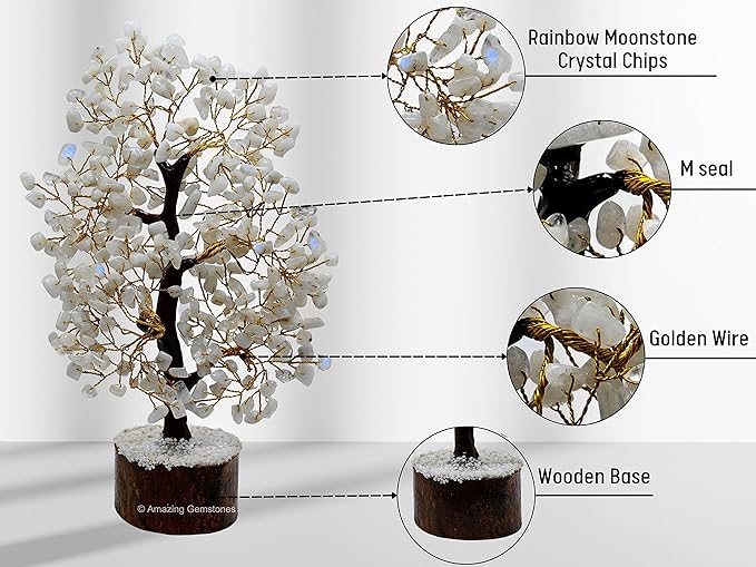 Rainbow Moonstone Natural Healing Premium Crystal Bonsai Feng Shui Fortune Money Tree of Life for Home Office Decor (Gift Box Ready,10-12 Inch)