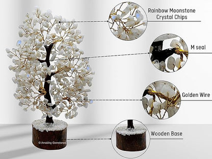 Rainbow Moonstone Natural Healing Premium Crystal Bonsai Feng Shui Fortune Money Tree of Life for Home Office Decor (Gift Box Ready,10-12 Inch)