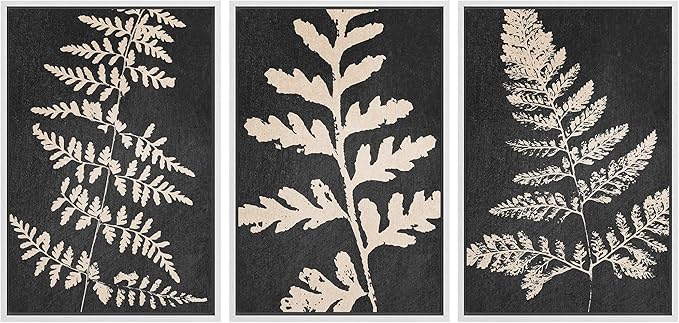Ashbrook Framed Canvas Print Wall Art Set Black Forest Fern Plant Silhouette Nature Wilderness Illustrations Modern Art Rustic Chic Colorful for Living Room, Bedroom, Office - 16"x24"x3 White