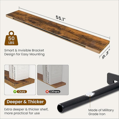 Fun Memories 55 Inch Fireplace Mantel Shelf -Long Floating Shelves, Deep Wall Mounted Farmhouse Display Shelves with Invisible Heavy Duty Metal Bracket, Brown, 2 Pack