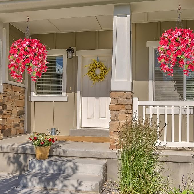 HyeFlora Artificial Fake Hanging Hibiscus Flower Baskets for Outdoor Decoration, Faux Silk Hibiscus Long Vines in Planter UV Resistant Realistic Flowers for Outside Porch Patio Home Decor, RedPink