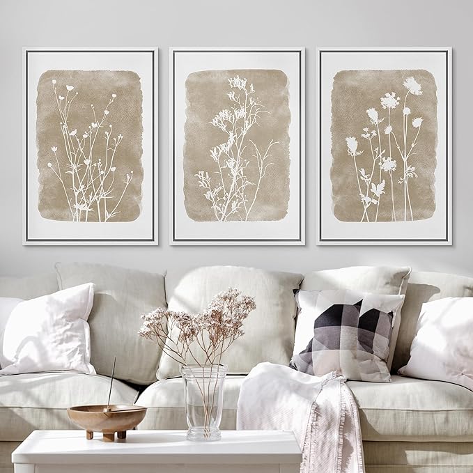 Ashbrook Framed Canvas Print Wall Art Set Vintage Country Farmhouse Flower Silhouette Nature Wilderness Illustrations Floral Botanical Minimal Calm/Relax/Cozy for Bedroom - 16"x24"x3 WHITE