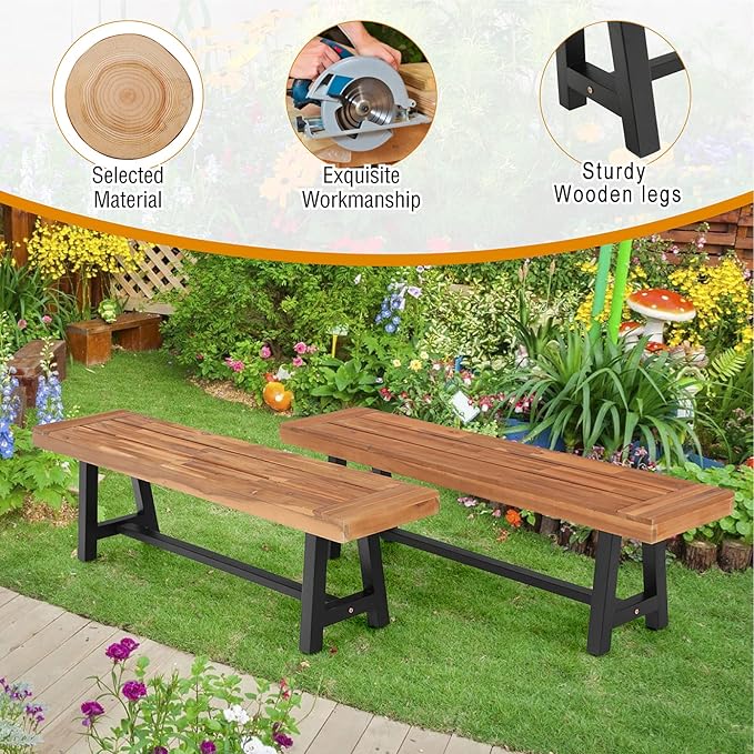 MFSTUDIO Outdoor Garden Bench Set of 2, 63" Acacia Wood Patio Dining Bench, Wooden Park Front Porch Benches for Backyard Outside, 2 Pack, Teak