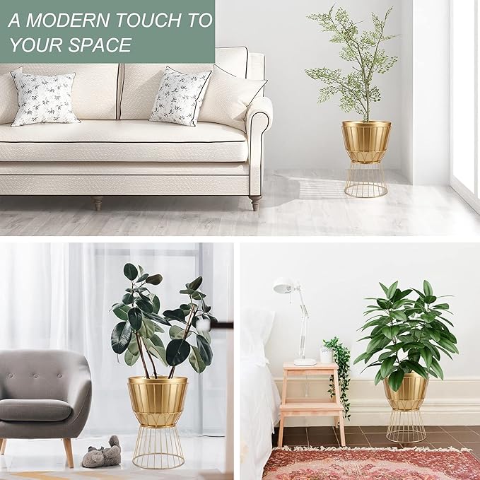 Metal Planter Stand with Pot 12" - Decorative Gold Plant Stand Holder Flower Potted Rack for Corner Display, Living Room, Office, Indoor, Modern Home Decor - 17.5" Tall