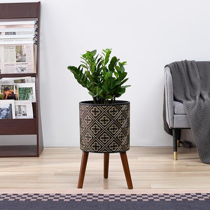 nacltlo12 Inch Plant with Stand Planter for Indoor Plants Large Modern Mid-Century Plant Pots Indoor Outdoor with Drainage for Home Garden Patio,Black and Gold