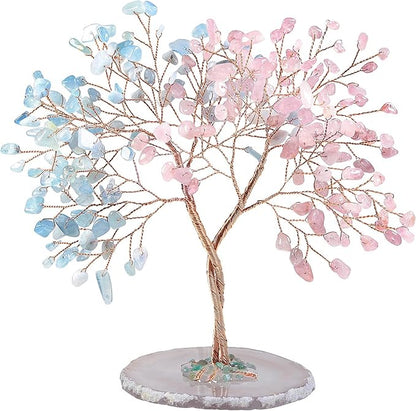 mookaitedecor Handmade Rose Quartz & Aquamarine Crystal Tree with Agate Slice Base, Bonsai Money Tree of Life for Wealth and Luck, Feng Shui Home Decor, Pink & Blue