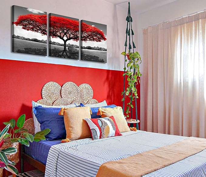 Tree of Life Canvas Wall Art for Living Room 3 Piece Red Tree Pictures for Bedroom Wall Decor Black and White Nature Scenery Painting Prints Modern Home Artwork Framed 12x16 Inch