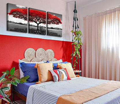 Tree of Life Canvas Wall Art for Living Room 3 Piece Red Tree Pictures for Bedroom Wall Decor Black and White Nature Scenery Painting Prints Modern Home Artwork Framed 12x16 Inch