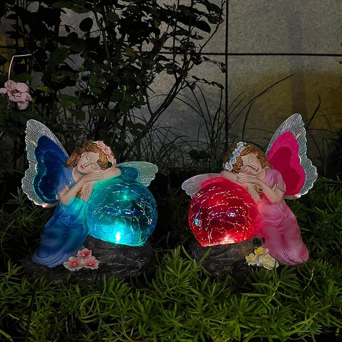 Solar Fairy Garden Statue with Cracked Glass Ball & Glowing Wings, Waterproof Outdoor Fairy Decor for Yard, Patio, Lawn – Ideal for Garden Lovers & Holiday Giving (7.67x6.69 Inches Blue)