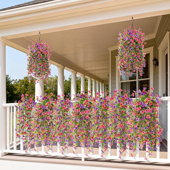 Fake Artificial Hanging Flowers for Outdoors, 2 Pcs Fake Hanging Plant Spring Summer Decor, UV Resistant No Fade Faux Silk Daisy Flower for Front Door Porch Planter Patio Yard Garden(Purple Hot Pink)