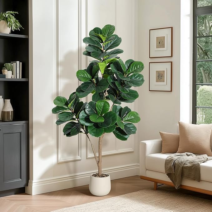 5 ft Fiddle Leaf Fig Tree Artificial with 77 Leaves - Realistic Faux Ficus Lyrata Trees in 7.8 in White Planter Pot, Indoor Fake Floor Plants for Home Office Living Room Decor, Housewarming Gift
