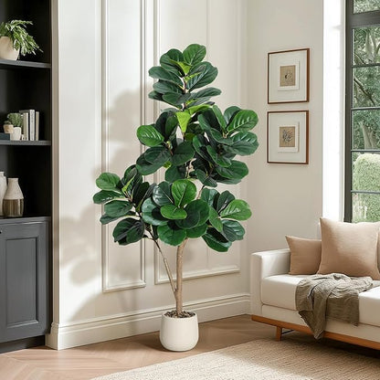 5 ft Fiddle Leaf Fig Tree Artificial with 77 Leaves - Realistic Faux Ficus Lyrata Trees in 7.8 in White Planter Pot, Indoor Fake Floor Plants for Home Office Living Room Decor, Housewarming Gift